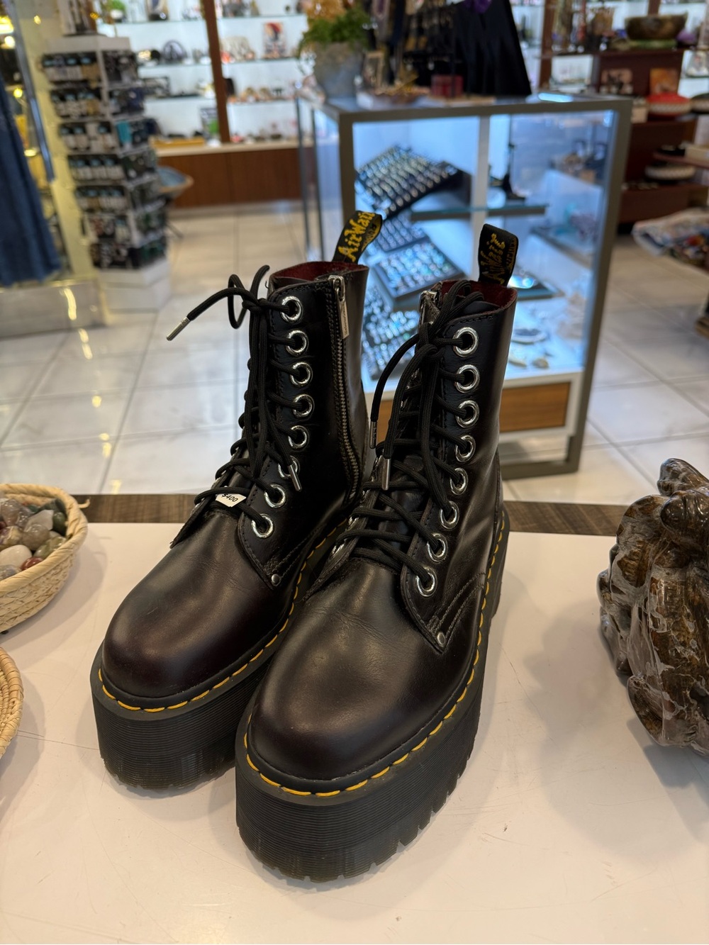 Dr. Martens Black Platform Lace-Up Leather Boots with Yellow Stitching